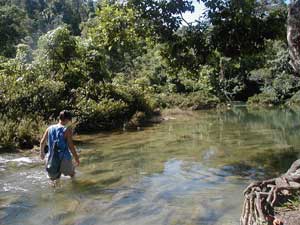 Traversing the Moho river at San Benito Poite to reach the archaeological site of Pusilha.